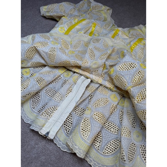 VTG Women's Yellow Handmade Eyelet Fitted Bodice Peplum Zip Back Puff Sleeve Top - Picture 4 of 9